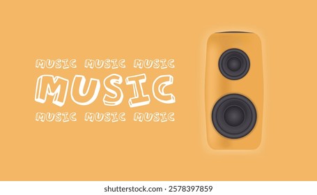 Dynamic yellow music-themed background featuring 'MUSIC' text and a speaker illustration