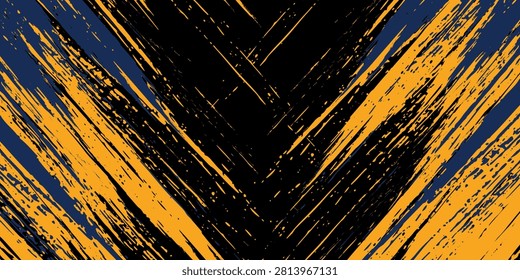 dynamic yellow orange and navy blue grunge background with diagonal cross brush strokes. Aggressive distressed paint texture