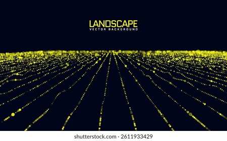 Dynamic yellow particle wave forming a futuristic digital landscape. Flowing mesh with dot pattern visualization, representing data structure and sound grid technology.
