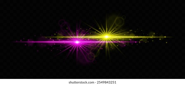 Dynamic yellow and purple light burst with radiant beams and glowing particles. Ideal for sci-fi designs, energy effects, futuristic wallpapers, or light transition effects. Vibrant and eye-catching.