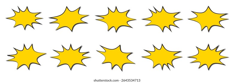 Dynamic yellow starburst shapes scattered on a white background bring energy and excitement to any design or artistic project, irregular text box. - Powered by Shutterstock - Get 15% off with code: PIKWIZARD15