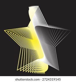 Dynamische gelbe und weiße geometrische 3D-Sterngrafik mit einem geschichteten Drahtgittereffekt, perfekt für zeitgenössische technische oder kreative Designprojekte.