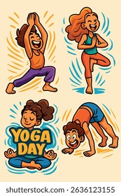 Dynamic Yoga Day Vector Sticker Set
