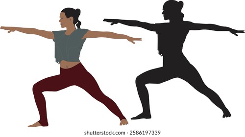 Dynamic yoga pose illustration of a strong woman in Virabhadrasana II, featuring both a detailed and silhouette version. Perfect for fitness, mindfulness, meditation, and wellness designs.