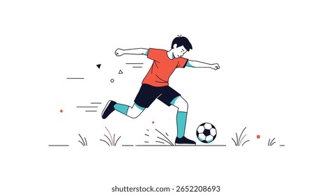 Jovem atleta dinâmico chutando uma bola de futebol com grande energia e habilidade em um campo gramado