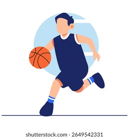 Um jovem jogador de basquete dinâmico gotejando com entusiasmo, capturando movimento, energia e determinação esportiva na quadra.