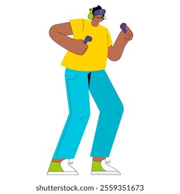 Dynamic young businessman concept. A professional male engaging in multitasking with mobile devices. Youthful energy in corporate settings. Vector illustration.