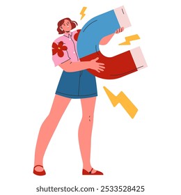 Dynamic young businesswoman carries a huge magnet attracting success symbols. Business motivation and confidence concept. Vector illustration.