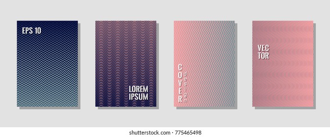 Dynamic zig zag lines gradient texture curves background for fashion cover. Wavy stripes and zig zag vector halftone lines texture cover layouts set in pink, grey, turquoise and dark blue colors.