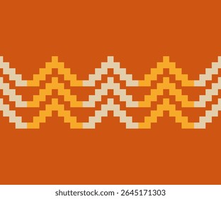 Dynamic zigzag pattern in warm orange and golden yellow pixels, creating movement and energy. Ideal for summer fashion.