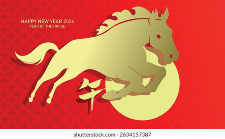 Dynamic zodiac horse jumping silhouette vector background. Paper cutting style greeting card for chinese new year of the horse 2026, or lunar new year 2026. Chinese text translation: "Horse" (zodiac).
