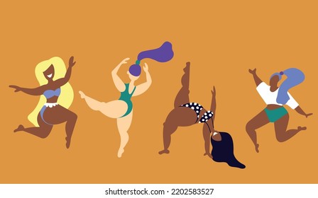 Dynamical happy poster body positive retro style. Print pattern hand drawn cartoon vector illustration. Colorful plus size girls. Active healthy lifestyle chunky lump female border wrapping paper fun