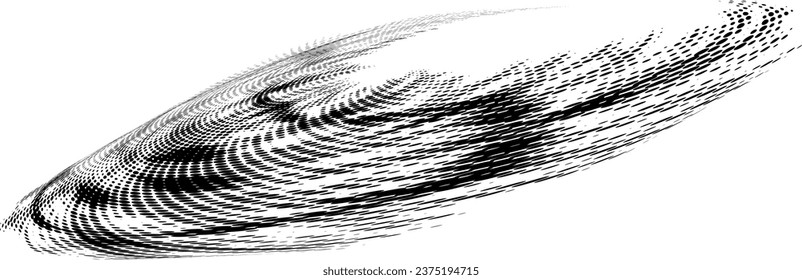 A dynamically rotating bunch of point rays, twisted and intertwined. Halftone polka dot silhouette on a transparent background. For frames, logos, signs. Vector.