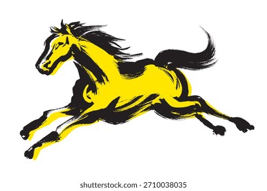 Un caballo que corre dinámicamente dibujado con un pincel y una ilustración de círculo de pincel rojo