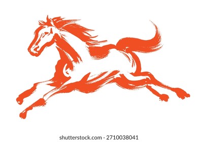Un caballo que corre dinámicamente dibujado con un pincel y una ilustración de círculo de pincel rojo