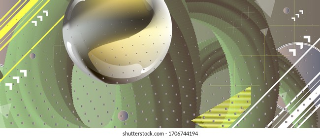 Dynamics abstract gray-green background. Large Modern shapes from different shape concept points and futuristic 3D objects