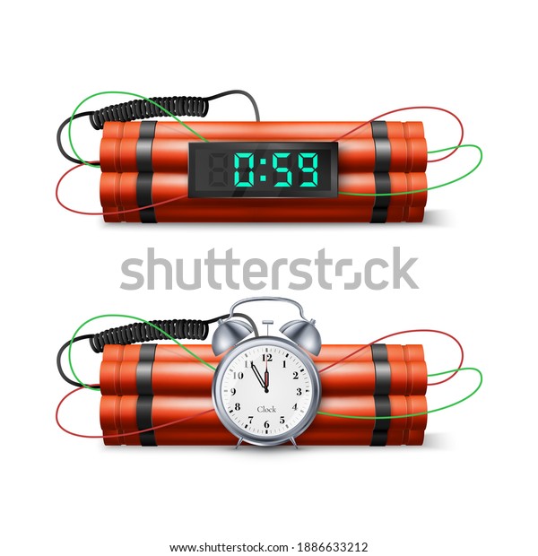 Dynamite Bomb with Countdown\
Clock and Digital Timer. Military Detonate Red Weapon. Vector\
illustration 