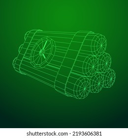 Dynamitbombe mit Countdown-Uhr. Militärisches Detonat-Waffen. Wireframe Low-Poly-Mesh, Vektorgrafik