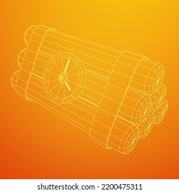 Dynamitbombe mit Countdown-Uhr. Militärisches Detonat-Waffen. Wireframe Low-Poly-Mesh, Vektorgrafik