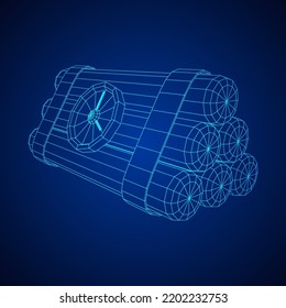 Dynamite Bomb with Countdown Clock. Military Detonate Weapon. Wireframe low poly mesh vector illustration
