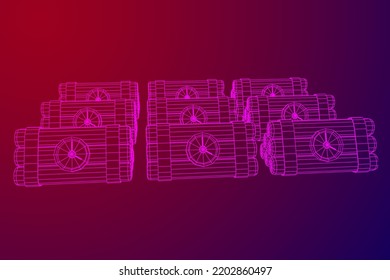 Bomba dinámica con reloj de cuenta regresiva. Arma de los militares. Ilustración vectorial de malla baja de malla de alambre