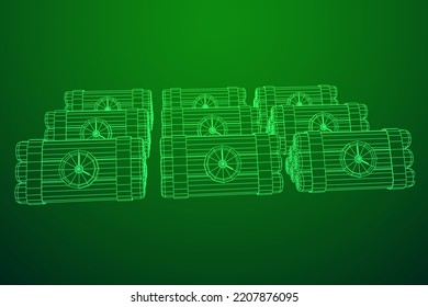 Dynamitbombe mit Countdown-Uhr. Militärisches Detonat-Waffen. Wireframe Low-Poly-Mesh, Vektorgrafik