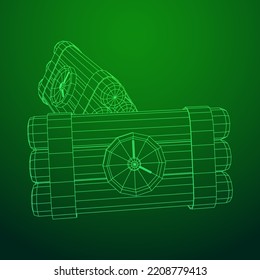 Dynamite Bomb with Countdown Clock. Military Detonate Weapon. Wireframe low poly mesh vector illustration
