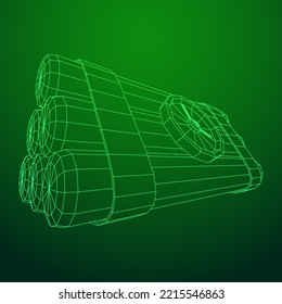 Bomba dinámica con reloj de cuenta regresiva. Arma de los militares. Ilustración vectorial de malla baja de malla de alambre