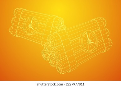 Bomba dinámica con reloj de cuenta regresiva. Arma de los militares. Ilustración vectorial de malla baja de malla de alambre