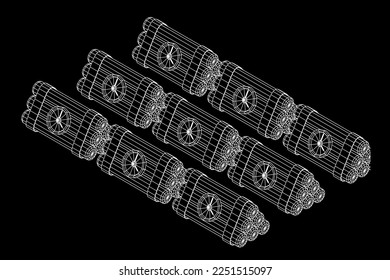 Bomba dinámica con reloj de cuenta regresiva. Arma de los militares. Ilustración vectorial de malla baja de malla de alambre