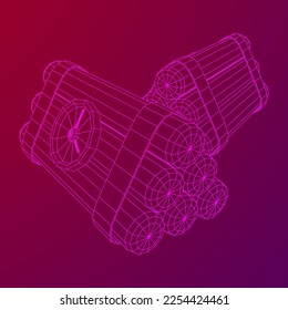 Bomba dinámica con reloj de cuenta regresiva. Arma de los militares. Ilustración vectorial de malla baja de malla de alambre