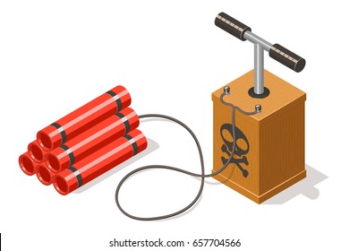 Dynamite bomb and detonator isolated on white background. Isometric vector illustration