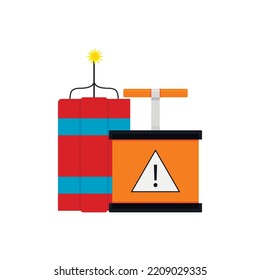 Bomba dinámica y detonador para lanzar armas de peligro a la explosión y los daños. Ilustración vectorial. arma de peligro dinámico, instrumento de destrucción, emblema de advertencia de daños, elementos de bomberos