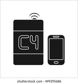 Dynamite bomb with digital boom sign silhouette icon on background