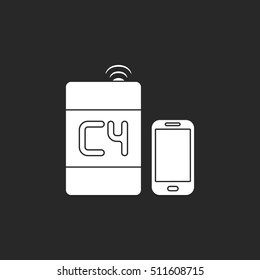 Dynamite bomb with digital boom sign silhouette icon on background