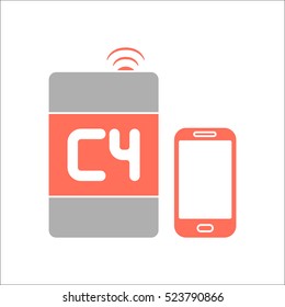 Dynamite bomb with digital boom sign flat icon on background