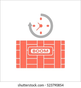 Dynamite bomb with digital clock boom sign flat icon on background