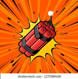 Dynamite bomb explosion with burning wick detonate. Retro pop art style. Cartoon comic vector illustration