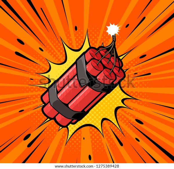 Dynamite bomb explosion\
with burning wick detonate. Retro pop art style. Cartoon comic\
vector illustration