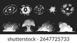 Dynamite or bomb explosion smoke effect different shapes vector flat illustrations set. Cartoon blast boom motion, explode bomb puff, explosive fume with dust cloud. Bang game design