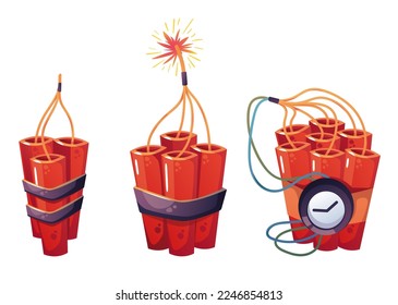 Explosión dinámica de bomba no detonador detonador fuego fuego fuego aislado concepto de colección de conjunto. Ilustración del diseño gráfico del vector