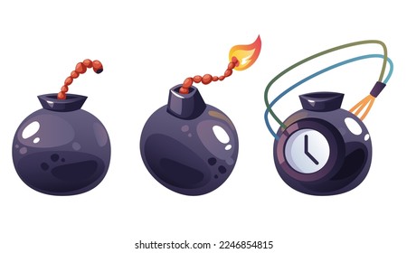 Dynamite bomb explosion tnt detonator fuse fireworks isolated set collection concept. Vector graphic design illustration