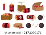 Dynamite bomb flat set with isolated icons of round bombs and boxes full of dynamite candles vector illustration