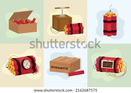 Dynamite bomb flat set of six square compositions with demolition explosives timer clocks and colorful wires vector illustration