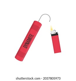 Dynamite bomb with lighter. Explosives with burning detonate wick, isolated on white background. Stick of dynamite icon vector illustration EPS 10.
