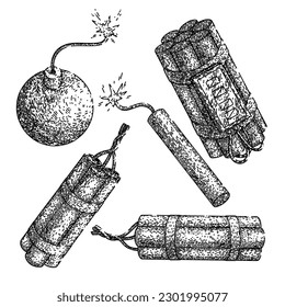 la bomba de dinamita tendió mano. explosión explosiva, fusible de peligro, destrucción peligrosa, detonación explosiva, simulacro vectorial de bomba dinamita de arma blanca. ilustración negra aislada