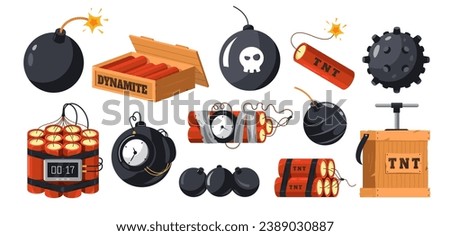 Dynamite and bombs. Cartoon military explosive devices, military grenade and tnt bomb with timer fuse, danger bang firecracker. Vector isolated set. Terrorism and violence objects concept