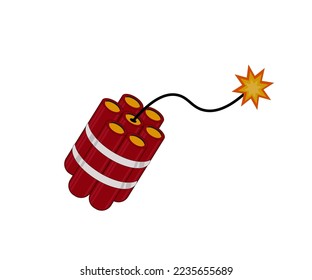 dynamite bombs of red color with burning wicks, exploding weapons of war, white background