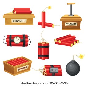 Dynamikbomben gesetzt. Rote Dynamitstöcke, Sprengkapsel und Bombe mit scharfer Vektorgrafik