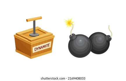 Dynamikbox und runde schwarze Bombe als Sprengstoff mit Zünderkabel oder Zündervektorsatz